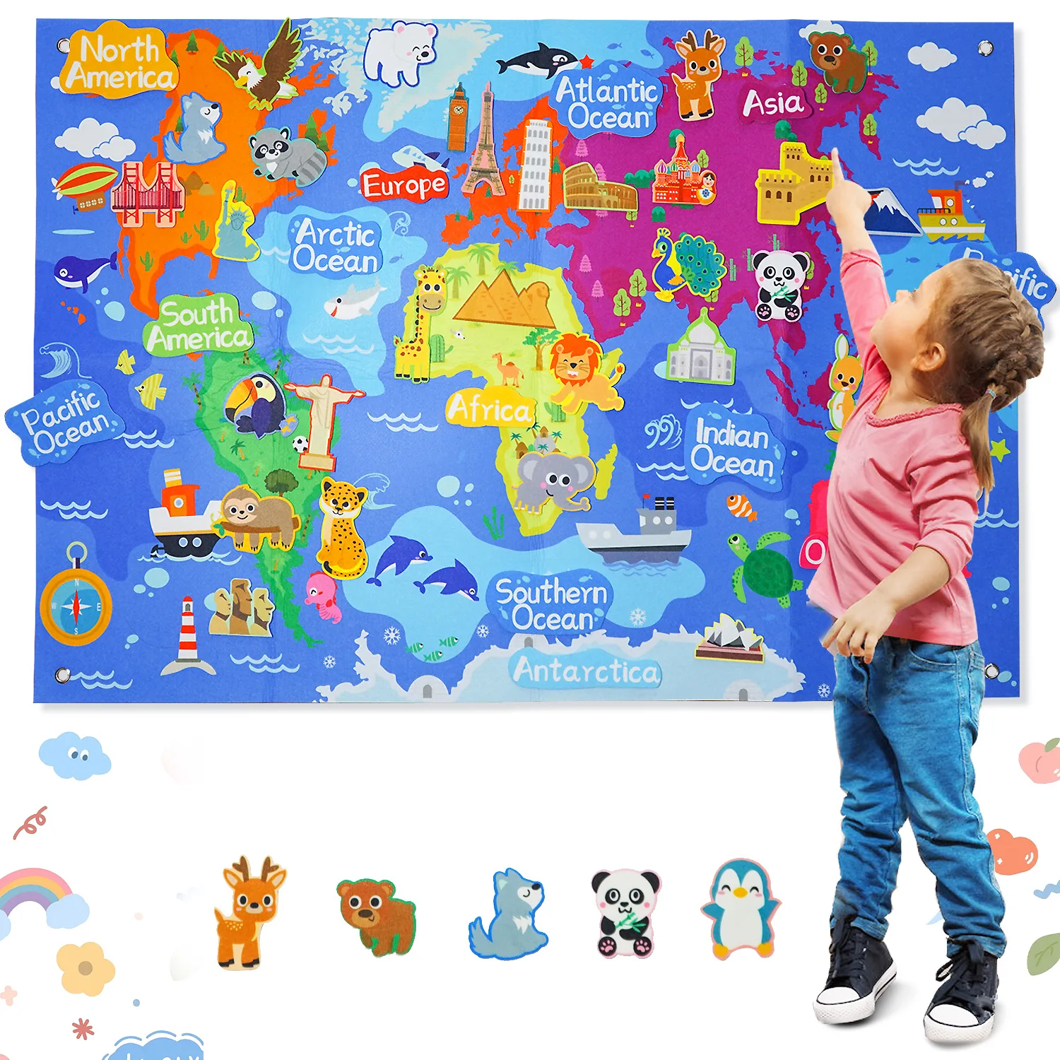 World Map Children's Felt Board Toy Set 45pcs, School Teaching Display Board, Youth Interactive Education Game