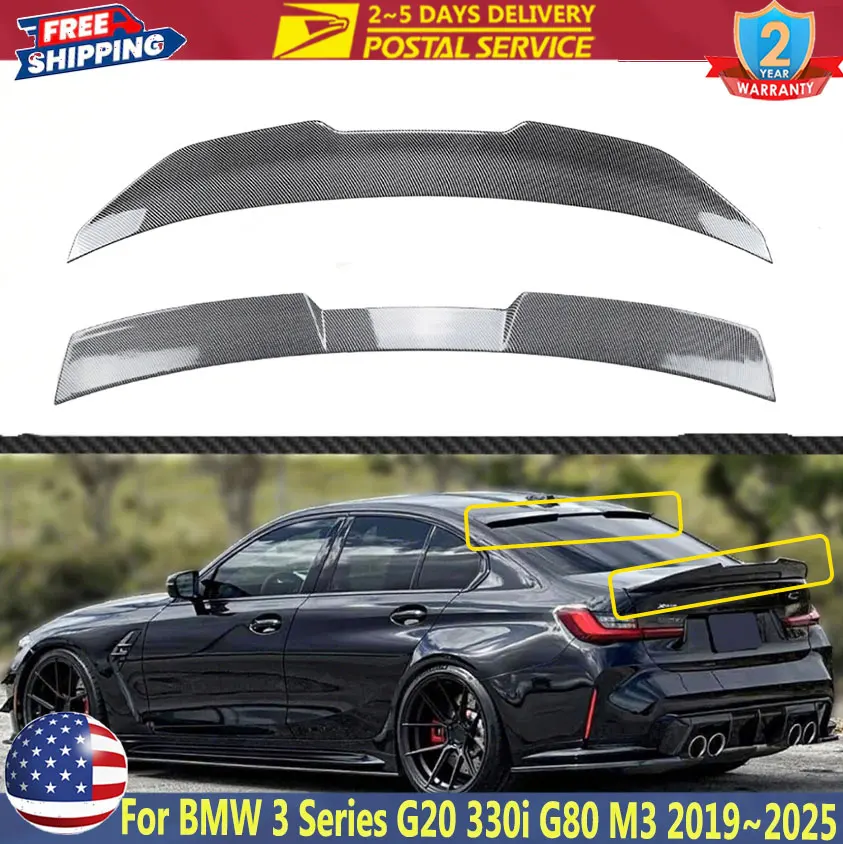سبويلر سيارة لسيارات BMW 3 Series G20 G28 320i 330i G80 M3 2019 ~ 2025 PSM نمط ألياف الكربون سبويلر خلفي جناح صندوق السيارة + سبويلر سقف خلفي