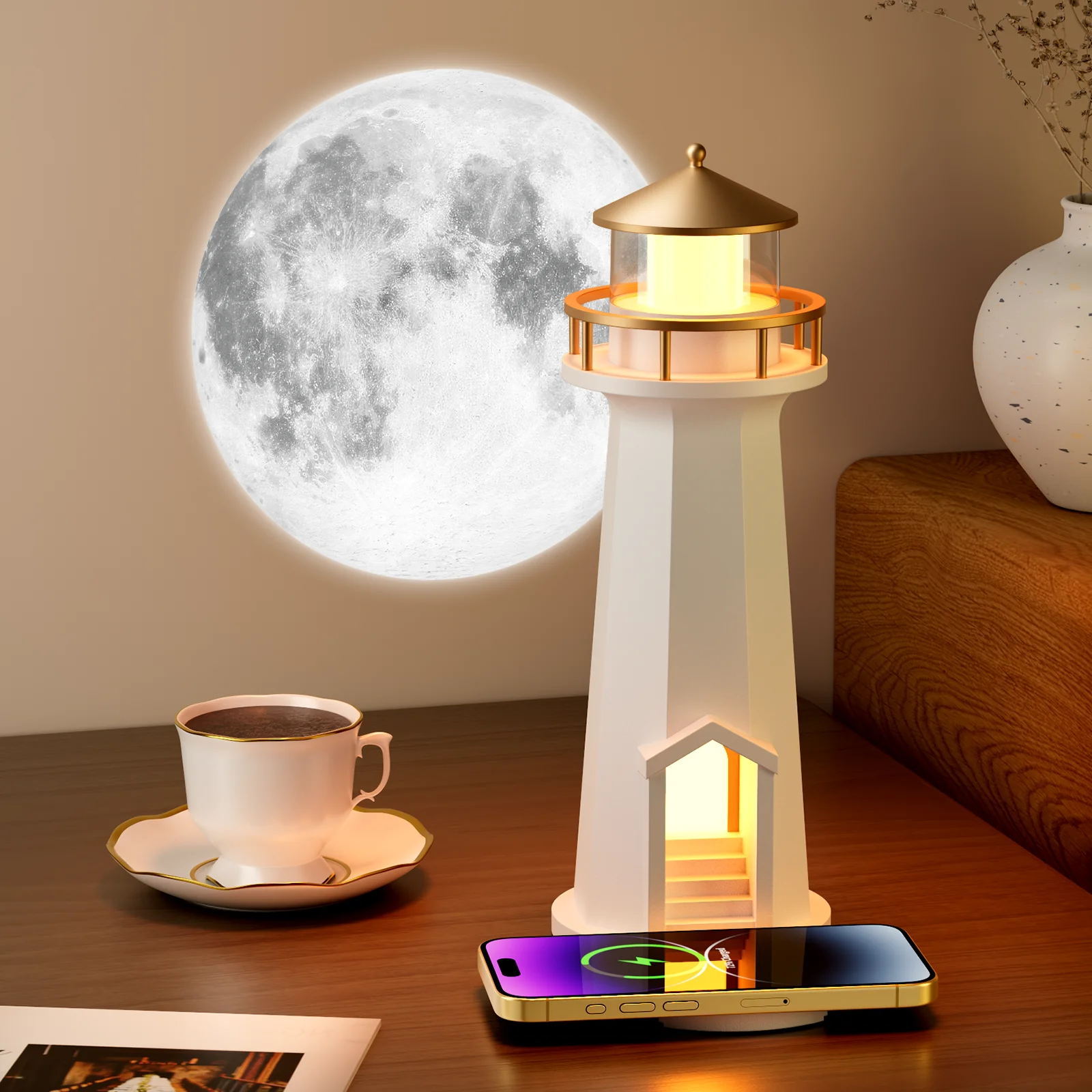 Moonlight Lighthouse Wireless Charger Multi-functional Bluetooth Projector Lamp for Bedroom Deco Night Light Christmas Gift