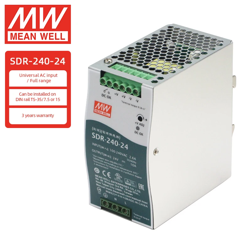 MEAN WELL SDR-240-24 24V 10A Meanwell High Efficiency 240W Single Output Industrial DIN RAIL Power Supply With PFC Function