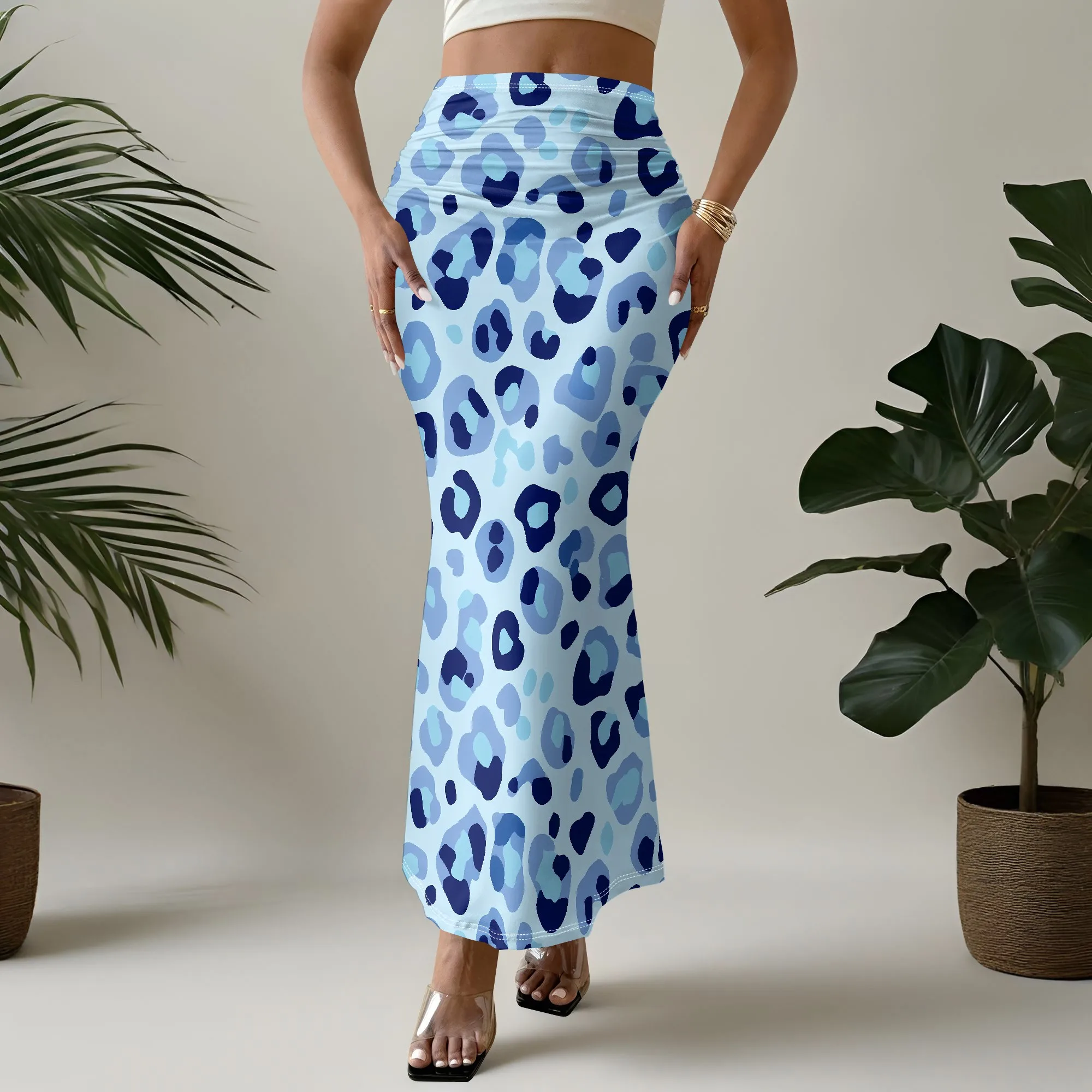 Blue Leopard Print Maxi Skirt, High Waist Bodycon Mermaid Hem, Summer Beach Vacation Wear, S-3XL