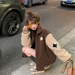 Women Red Brown Korean Fashion Winter Coat Vintage Baseball Jackets Y2k Sweatshirts Bomber Jacket Hip Hop Streetwear Outerwear