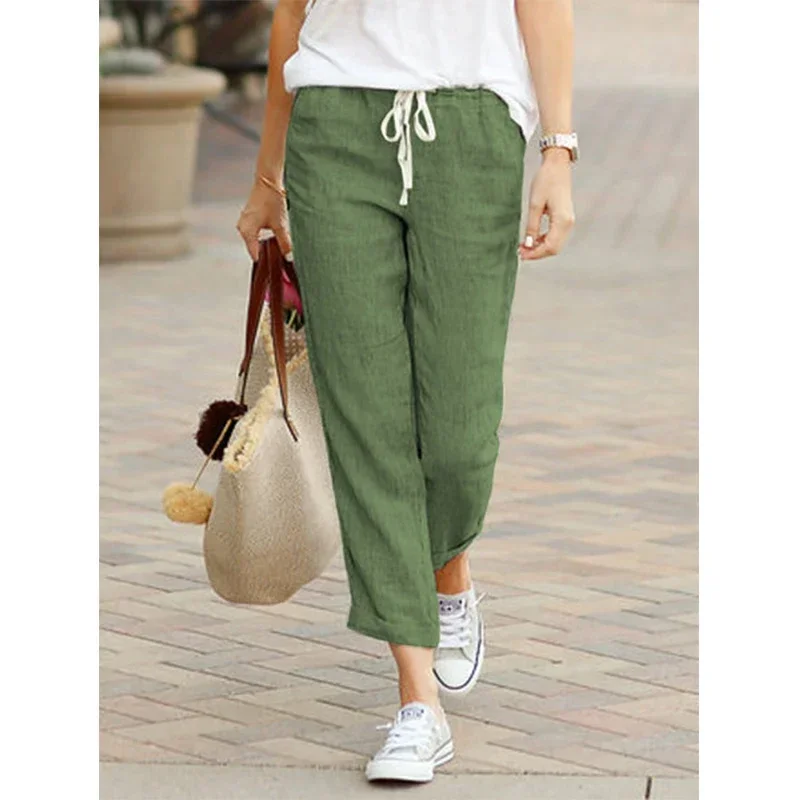TUSHANGGE Solid Color Drawstring Elastic Waist Women Long Pants Plus Size Pockets All-Match Comfortable Straight Lady Trousers