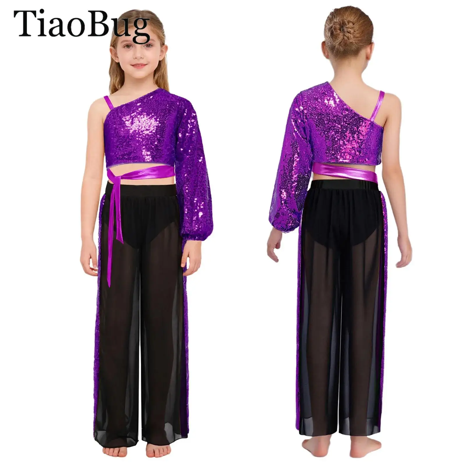 

Girls Glitter Sequins Ballet Lyrical Dance Set One Shoulder Long Sleeve Crop Top And Chiffon Wide-Leg Pants Latin Jazz Dancewear