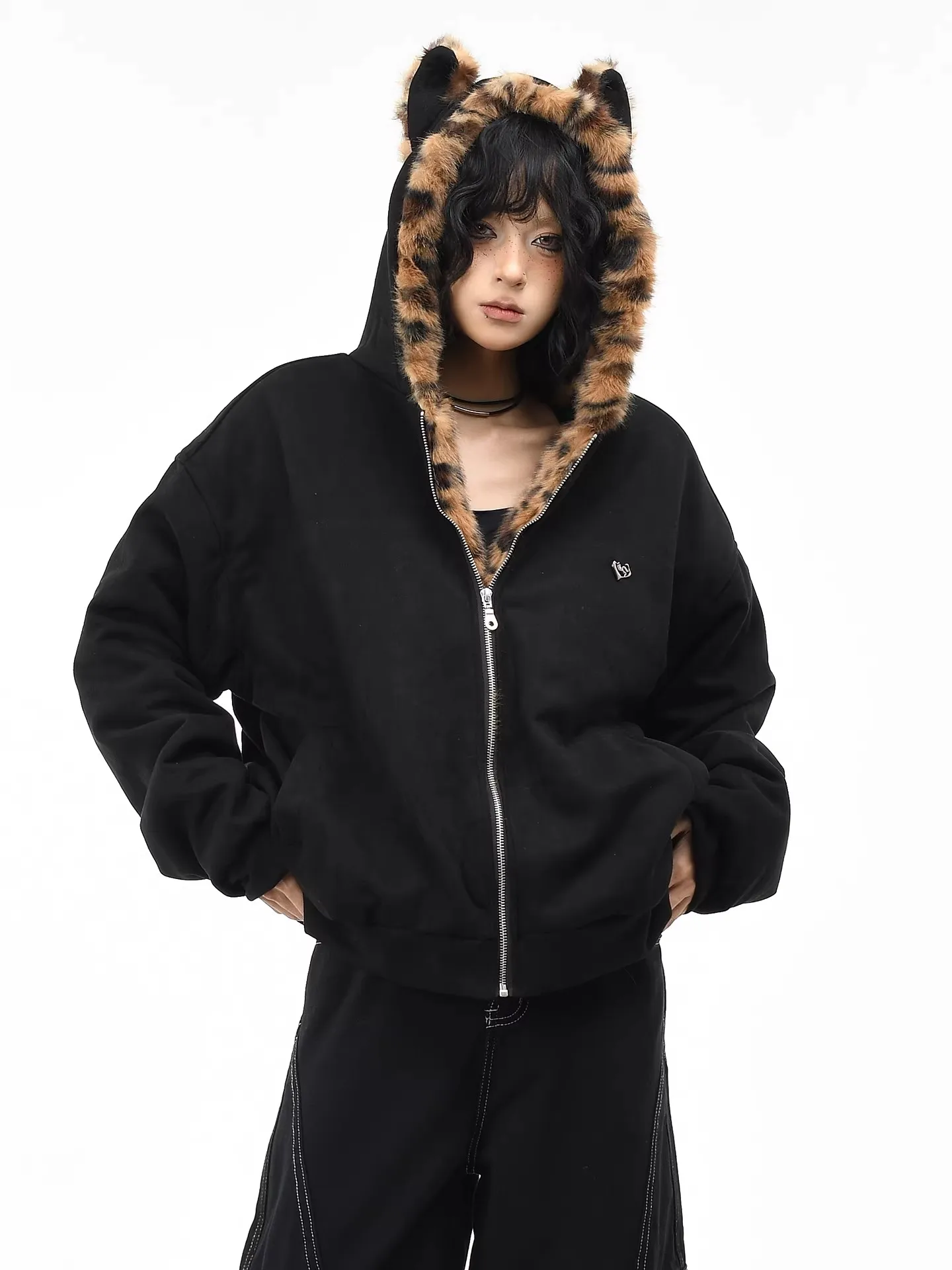 

Original American Leopard Ear Design Hooded Jaet ex Winter Warm Cotton Coat Thiened Long Sve Zipper Closure Casual...