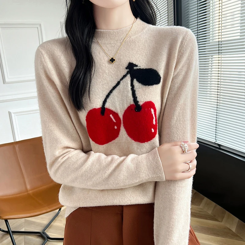 Women\'s Pullover Knitted Sweater Made Of 100% Pure Wool With Half Height Round Neck Long Sleeves For Warmth In Autumn And Winter