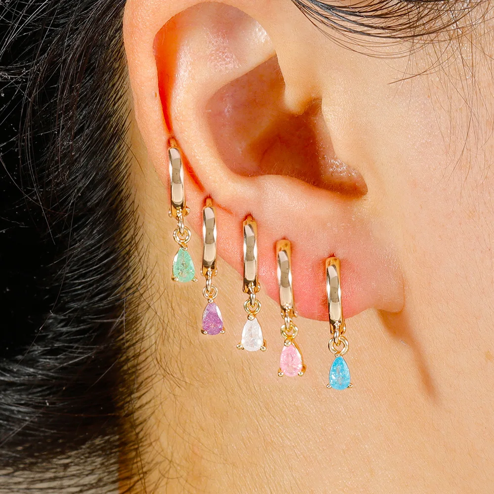 European American Water Drop Hoop Earring Woman Exquisite Simple Flower Multicolor Zircon Ear Piercing Earring Statement Jewelry