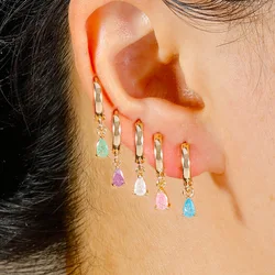 European American Water Drop Hoop Earring Woman Exquisite Simple Flower Multicolor Zircon Ear Piercing Earring Statement Jewelry