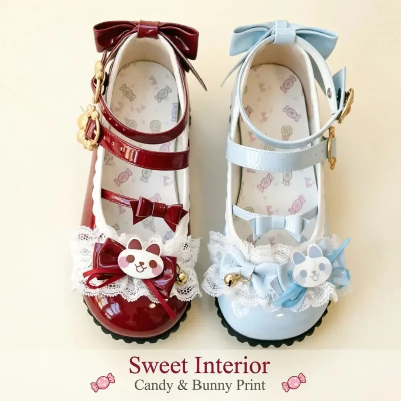 Bow Rabbit Lolita Mary Jane Princess Shoes Paw Lace Decor Round Kawaii Cosplay Tea Party Footwear, Blue Holiday Anime Fans Shoes