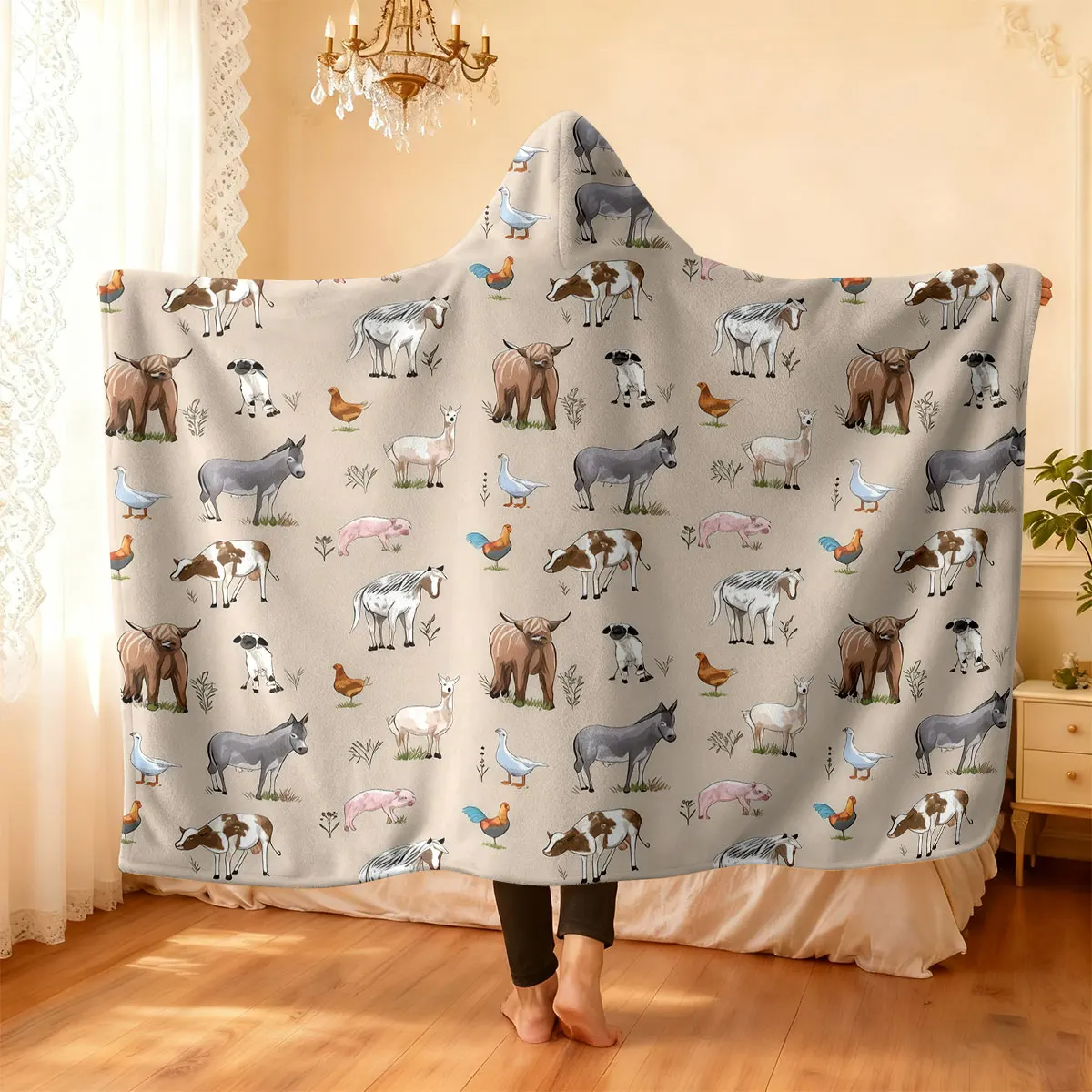 1pc simple hand-painted cartoon farm animal print flannel hoodie, wearable cape blanket multiple sizes