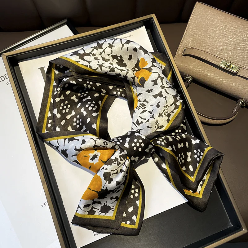 

2026 Luxury Fashion Black Flower Print 100% Silk Scarf Women Pure Silk Long Scarves Office Lady Skinny Hairbands Accessory