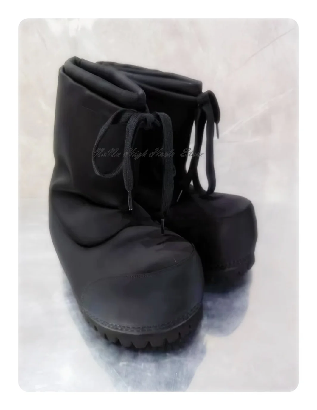 

Черные женские или мужские ботинки на платформе с круглым носком до середины икры, индивидуальная обувь большого размера на массивном низком каблуке со шнуровкой