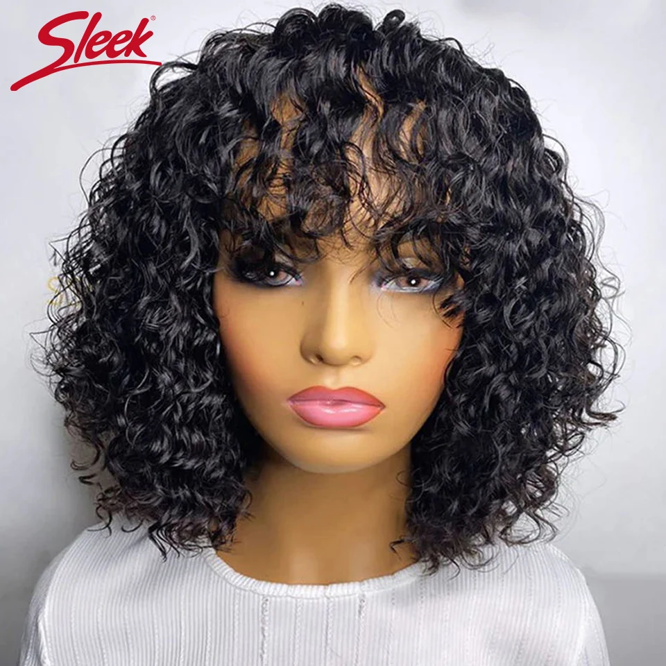 Short Pixie Bob Cut Human Hair Wigs With Bangs Full Machine Jerry Curly Wig Highlight Honey Blonde Water Wave Wigs For Women