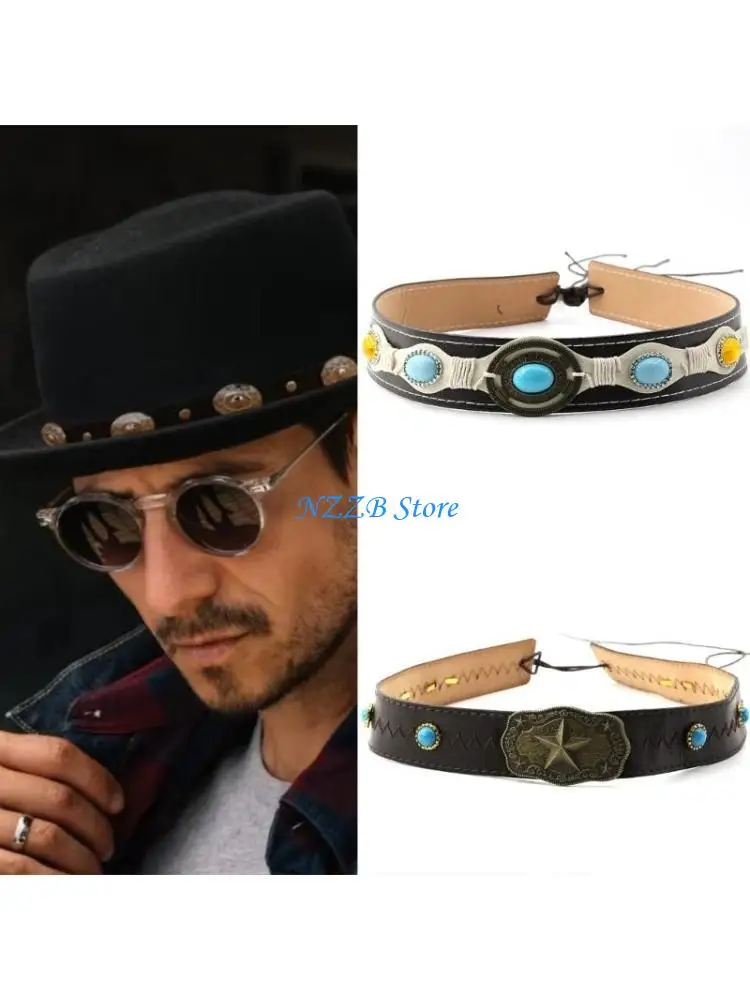 

T21F Retro Hat Band for Women Men Cowboy Hat Band Leather Hat Belt Band Gifts