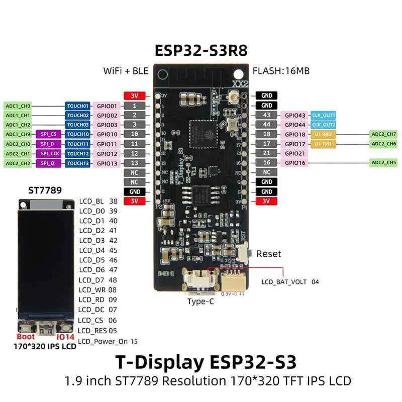 1 unidad de placa de desarrollo de pantalla LCD de 1,9 pulgadas WIFI Bluetooth 5,0 170X320 módulo inalámbrico (soldadura)