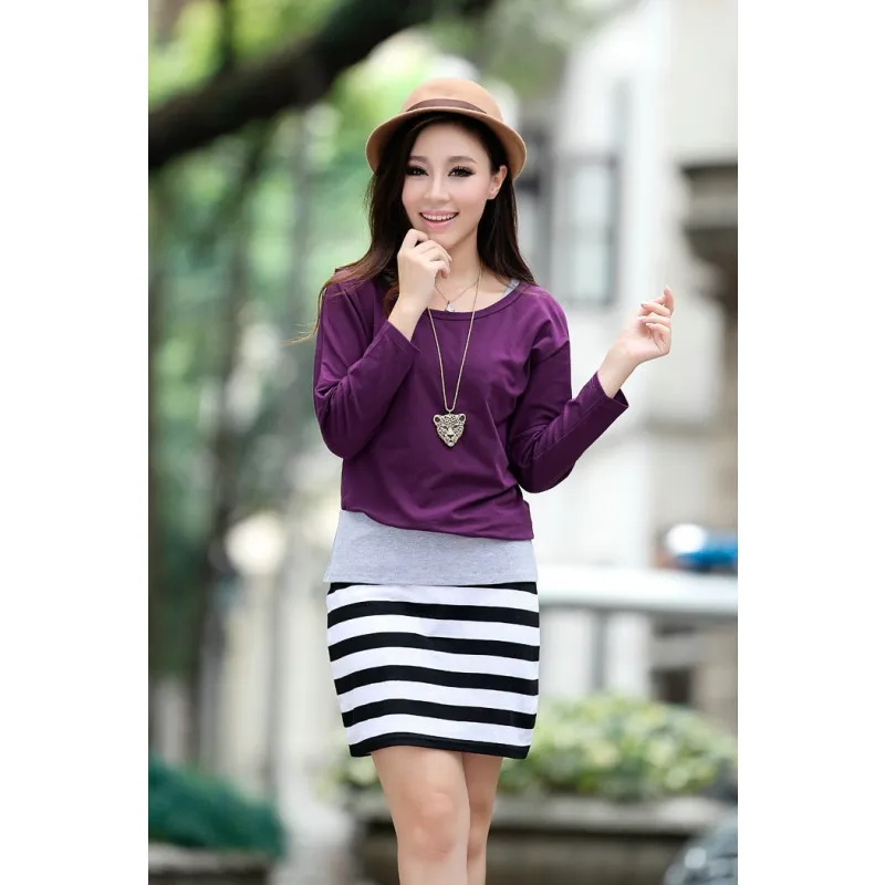 Minivestido feminino primavera em camadas listrado slim manga comprida