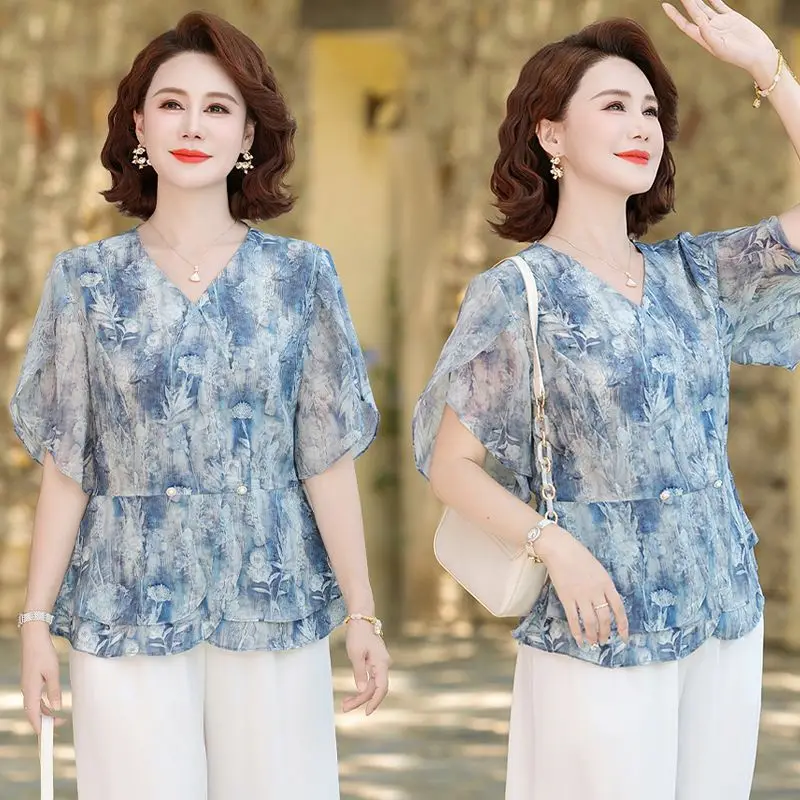 

Summer Chiffon Short Sleeved Tops for Middle Aged and Elderly People Thin Style T-shirts