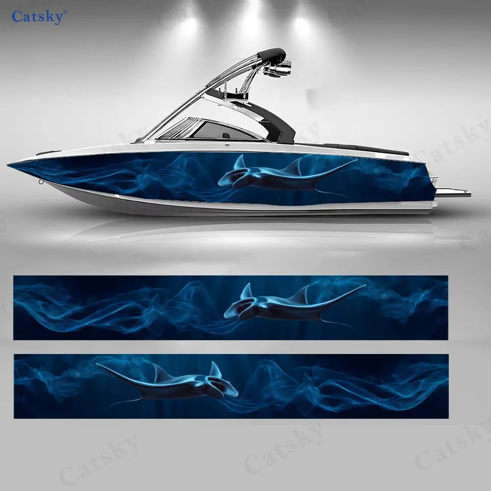 Deep Blue Fantasy Manta Ray Boat Stickers, PVC Waterproof Durable Vinyl Wrap Decals for Fishing Boat, Durable and Stylish Design
