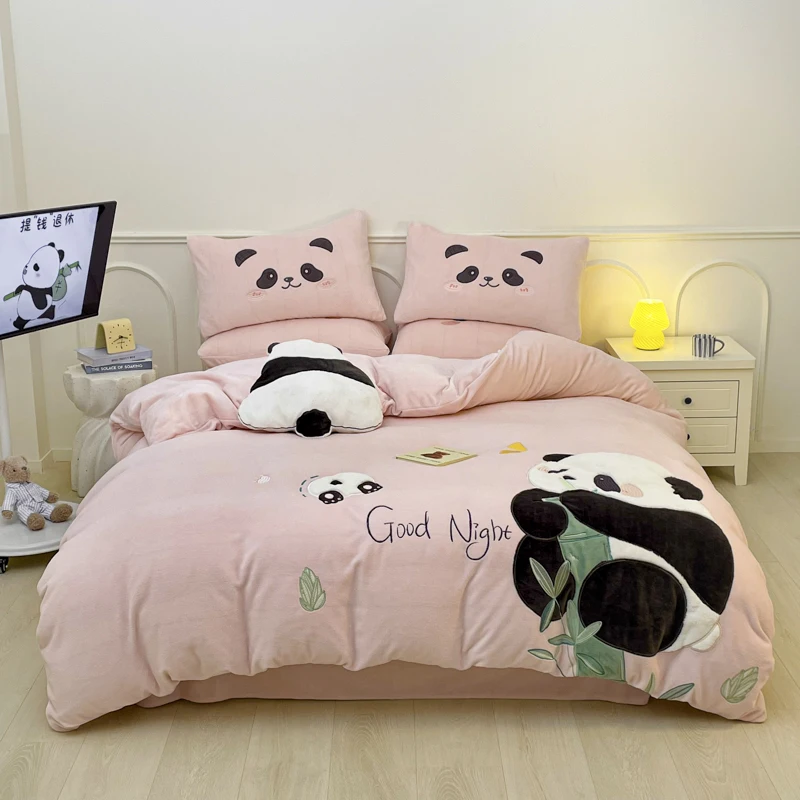 Pink Cute Panda Applique Embroidery Bedding Set Warm Winter Velvet Single Full Double Queen Duvet Cover Bed Sheet Pillowcases