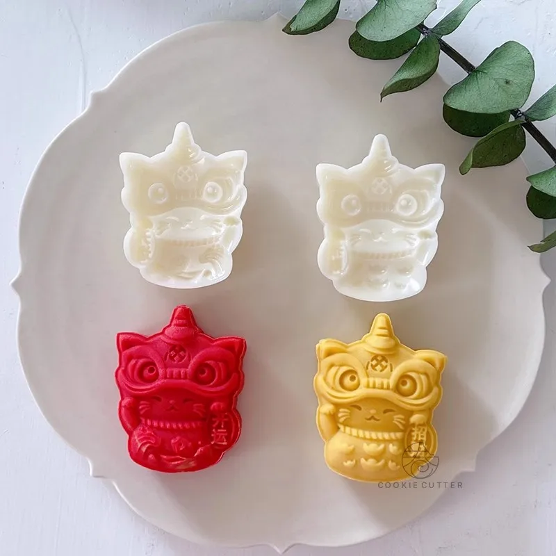 2Pcs/Set 50g Traditional Mooncake Pressed Mold Chinese Lion Pattern Lucky Cat Shape Blessing Cookie Pastry Stamp Mung Bean Cake