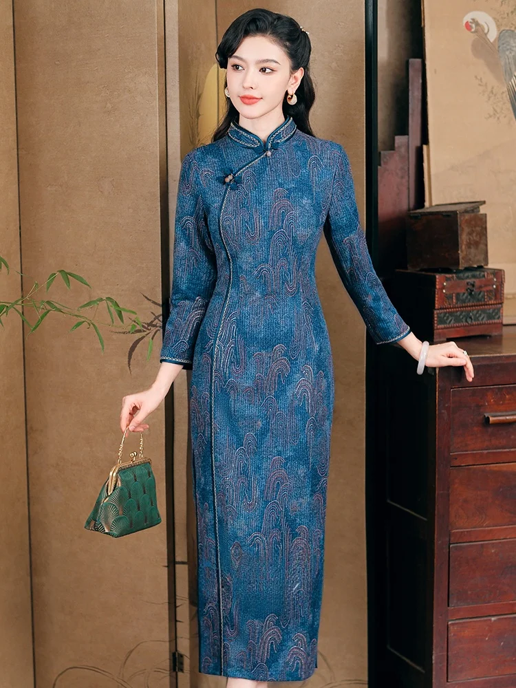 

Retro Blue Young Sle Long Sve Daily Wear Beautiful Autumn Winter New Arrival Chinese Sle Women's Traditional...