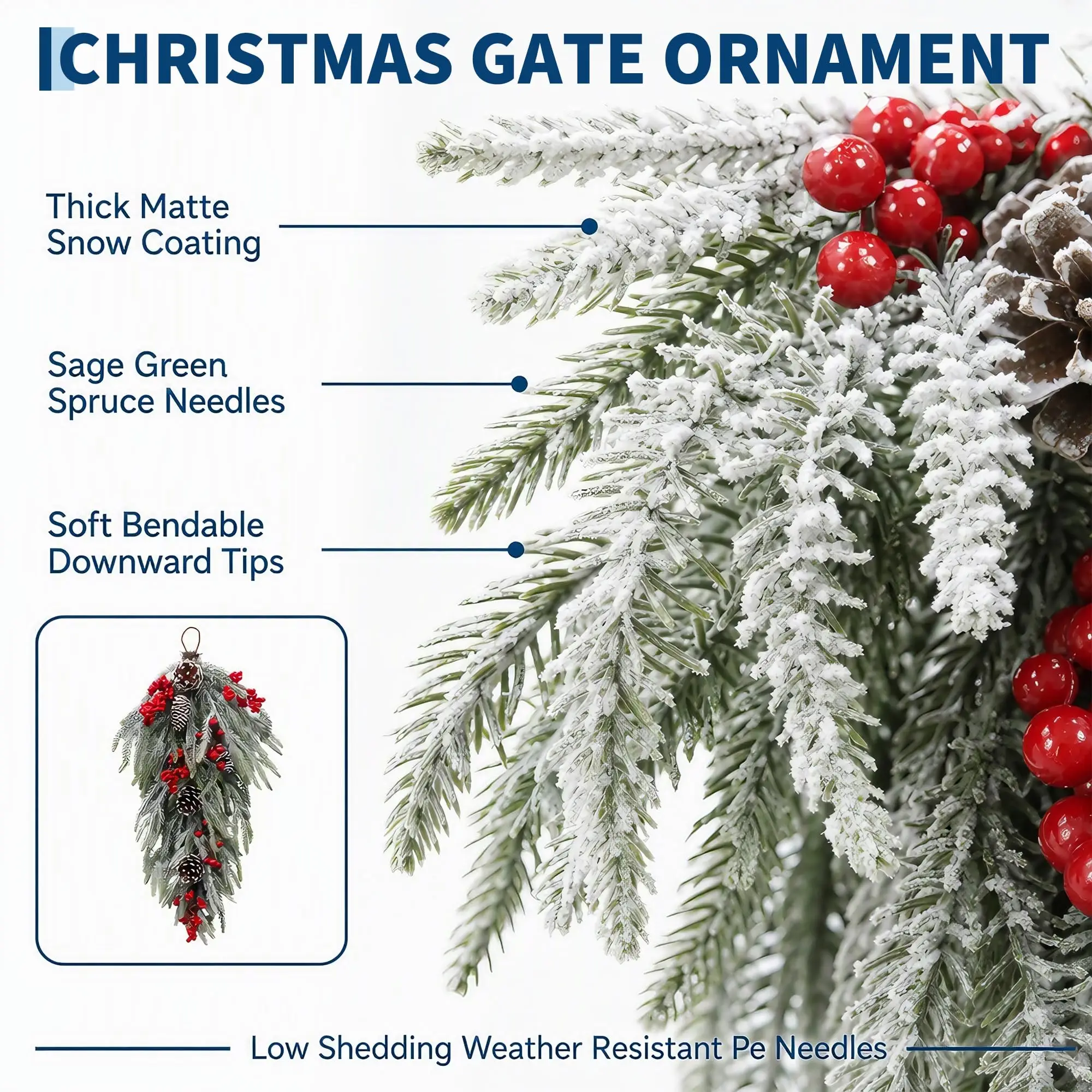 24 Inch Pre Lit Flocked Christmas Teardrop Swag With Timer 8 Lighting Modes Snow Flocked Artificial Pine Door Swag With Red Berries And Pinecones Winter Holiday Decor For Front Door 2