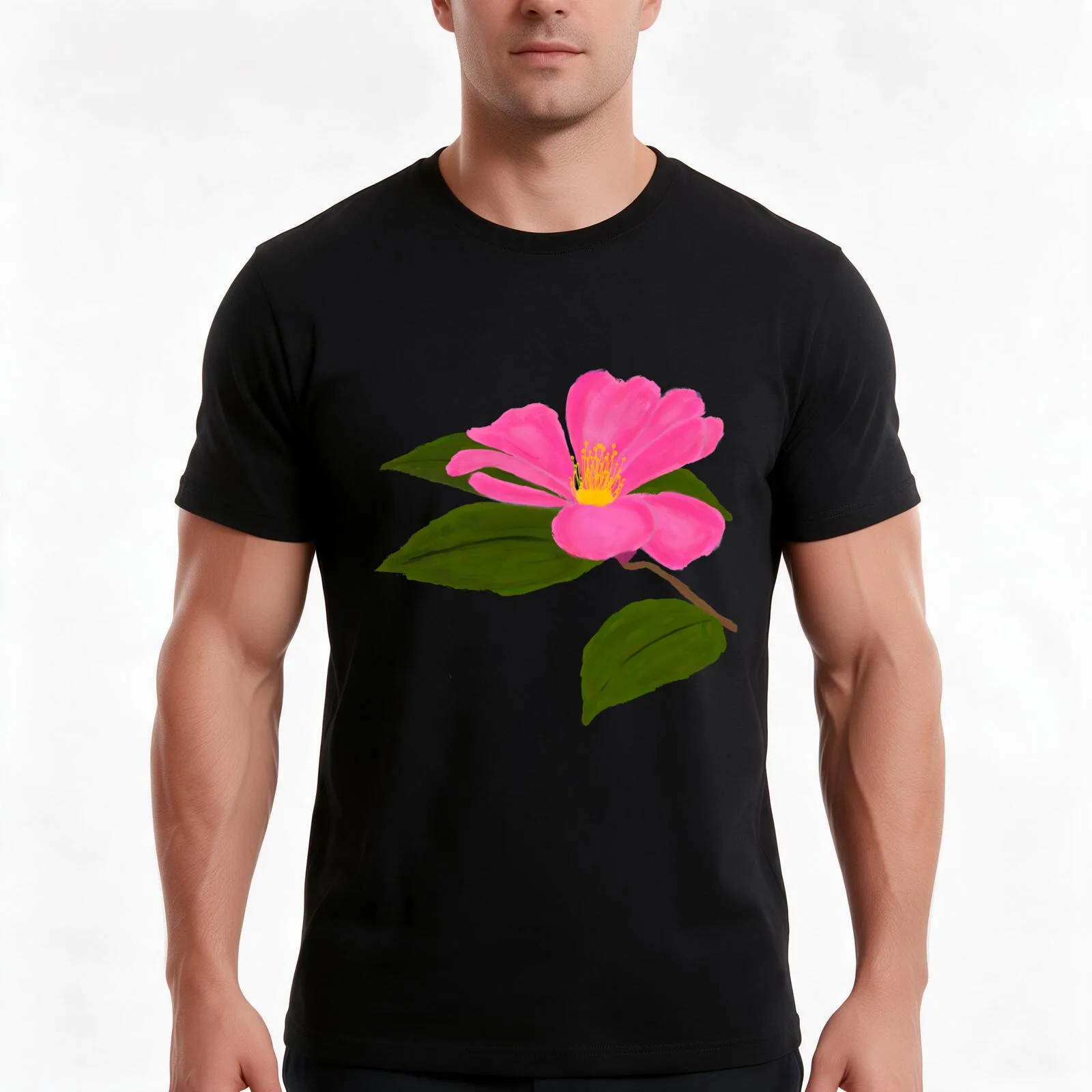 Pink Camellia Flower T-Shirt Summer Casual Cotton Tee Oversized Streetwear Tops Vintage Graphic Print Loose Fit Short Sleeve