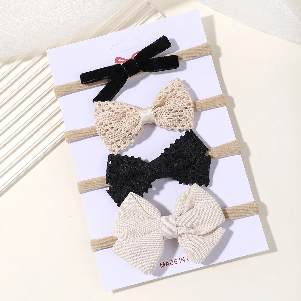 Diadema de lino con lazo para niña recién nacida, cintas para el pelo de encaje, turbante, accesorios para el cabello para bebé, 4 unidades por juego