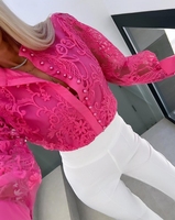 Blouse for Women Ruffled Pearls Decor Buttoned Lace Patchwork Cardigan High Street lantern Sleeve Loose Pullover Shirts Summer