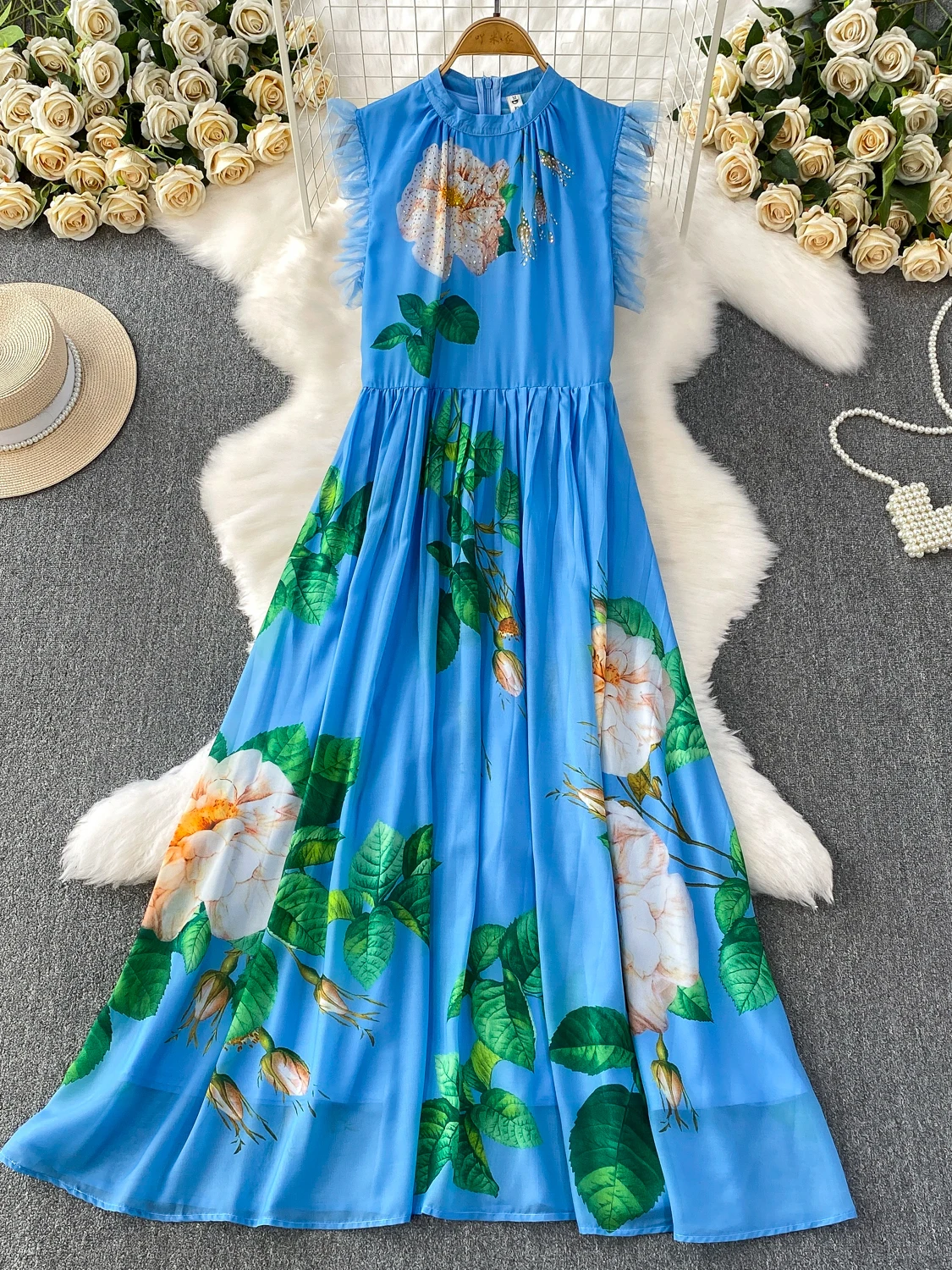 Vestido de Verano con Cuello Redondo y Estampado para Mujer, Manga con Volantes, Cintura Alta, Falda en Línea A, Estilo Corea...