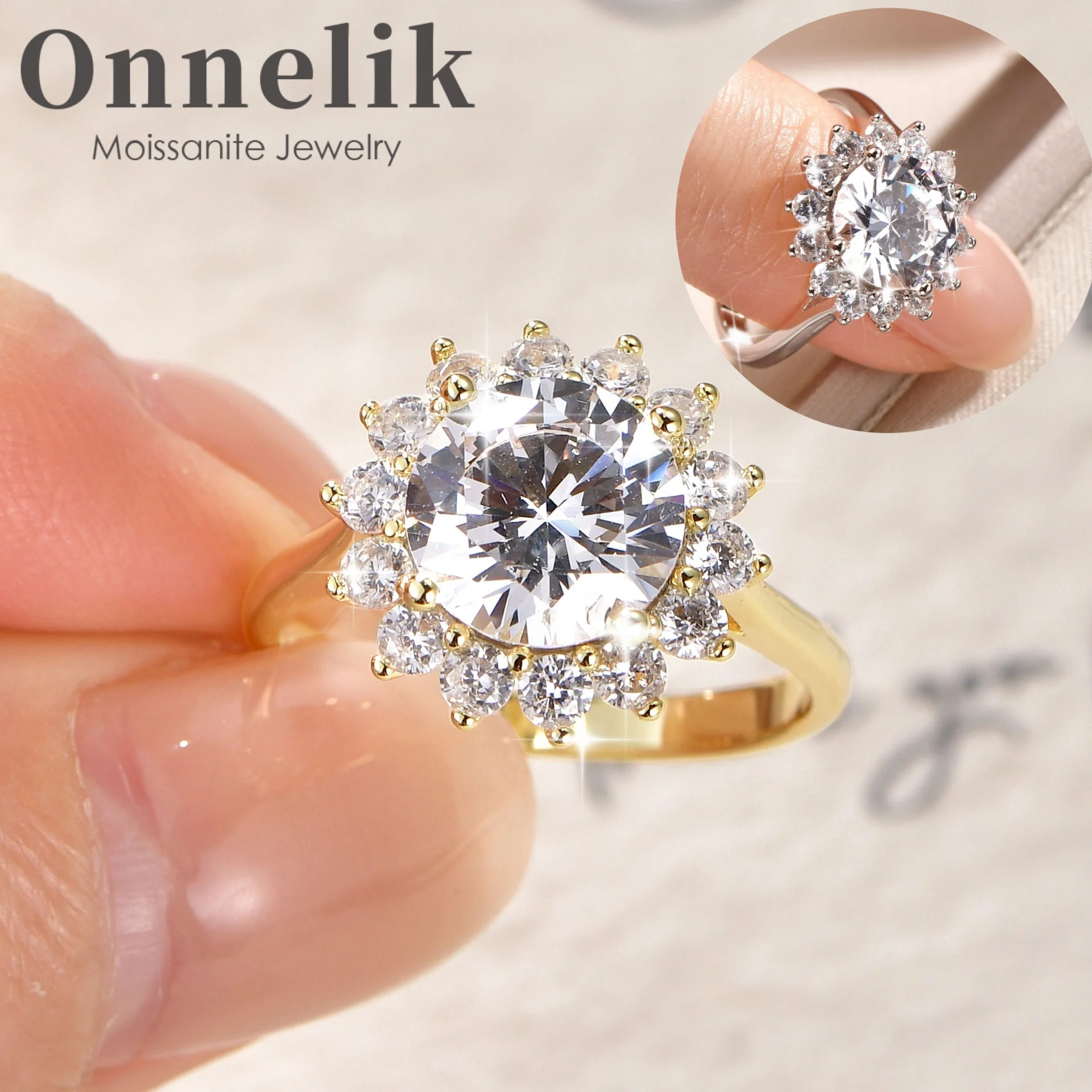 

Onnelik 14K Gold Plated Sparkling Zircon Ring Light Luxury High-End Elegant Statement Band Fine Jewelry Gift Box for Women