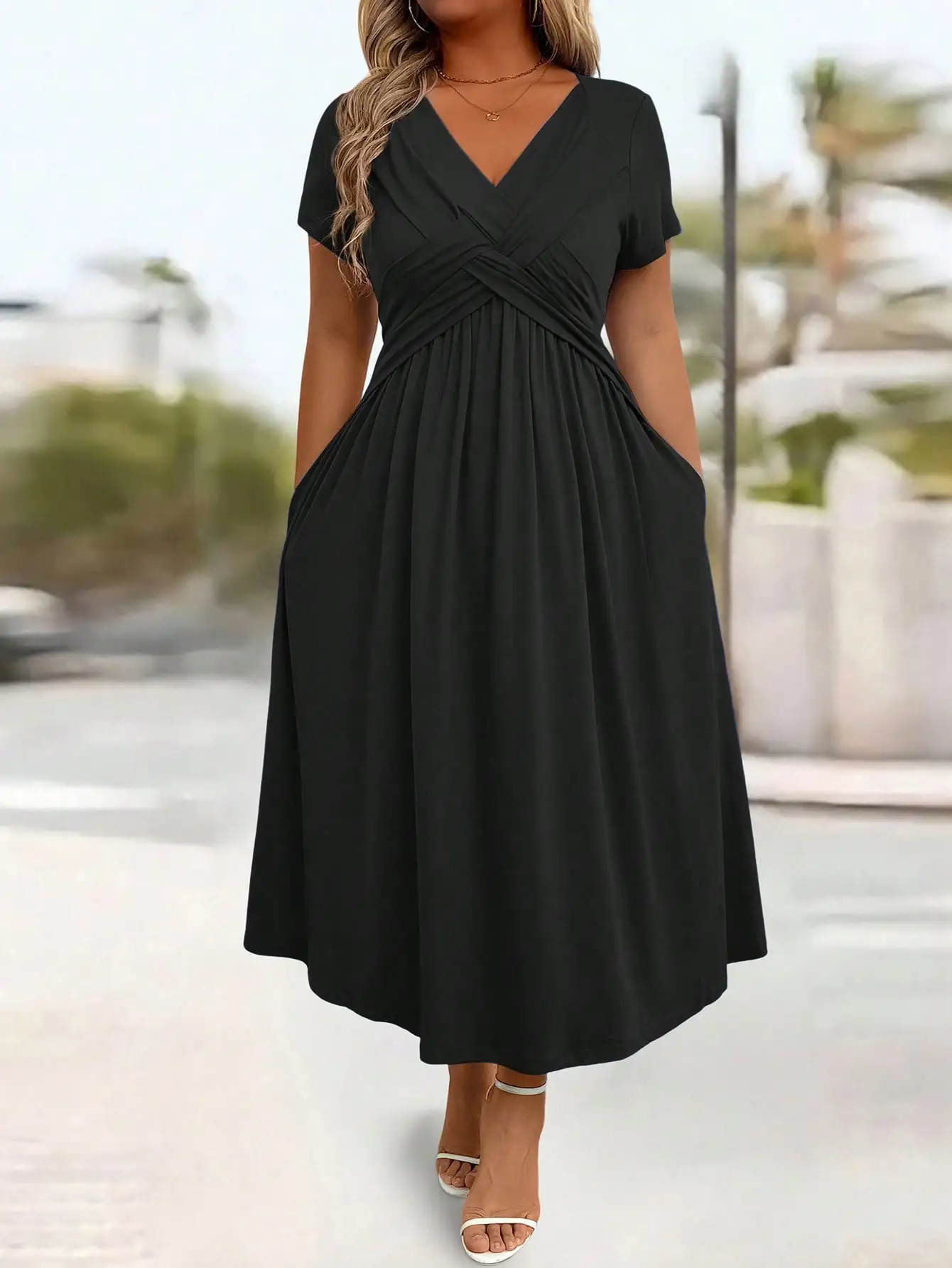 

Black V-Neck Short Sleeve Wrap Front Pocket A-Line Midi Dress Casual Plus Size