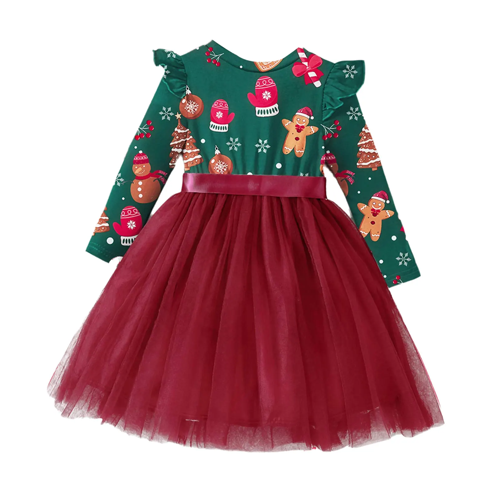 Kids Girl Christmas Princess Dress Long Sleeve Xmas Print Mesh Tutu Dresses for New Year Party Festival Daily School Photography