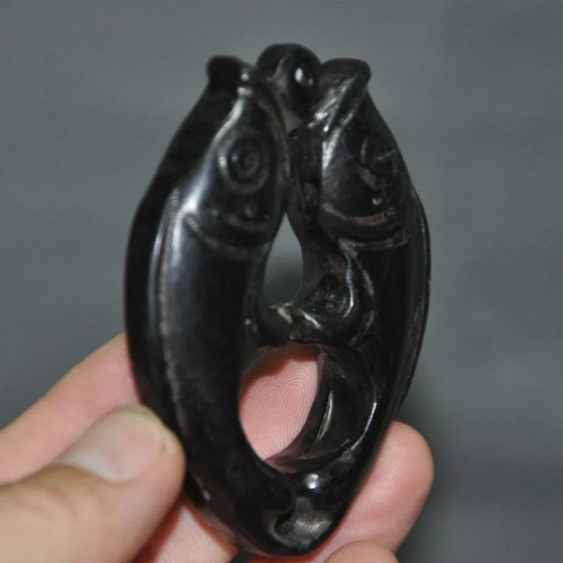 Chinese Meteorite iron carved Vintage Carved Lucky double fish statue amulet Nice Art Work