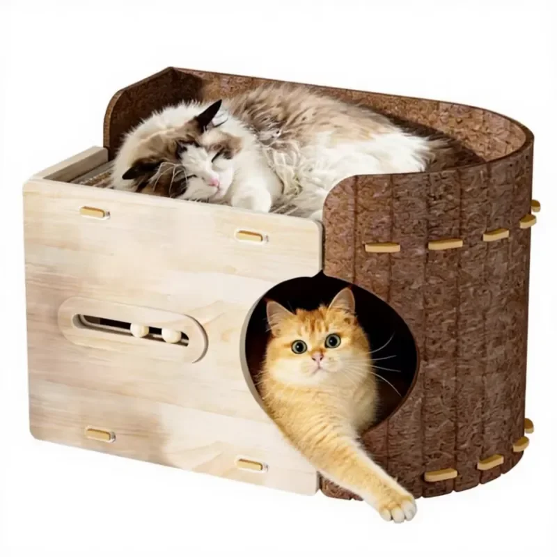 for Runwan Foldable Cat Bed House Cave Wooden Play Ball Scratch Pad Detachable Felt Indoor Kittens Multiple Small Pets
