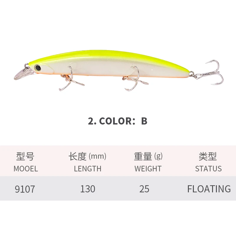 1PCS 130m 25g Floating Minnow Lure for Fishing Casting Wobblers Saltwater Trout Bass Lures Isca Pesca Hard Bait Minnow 9107