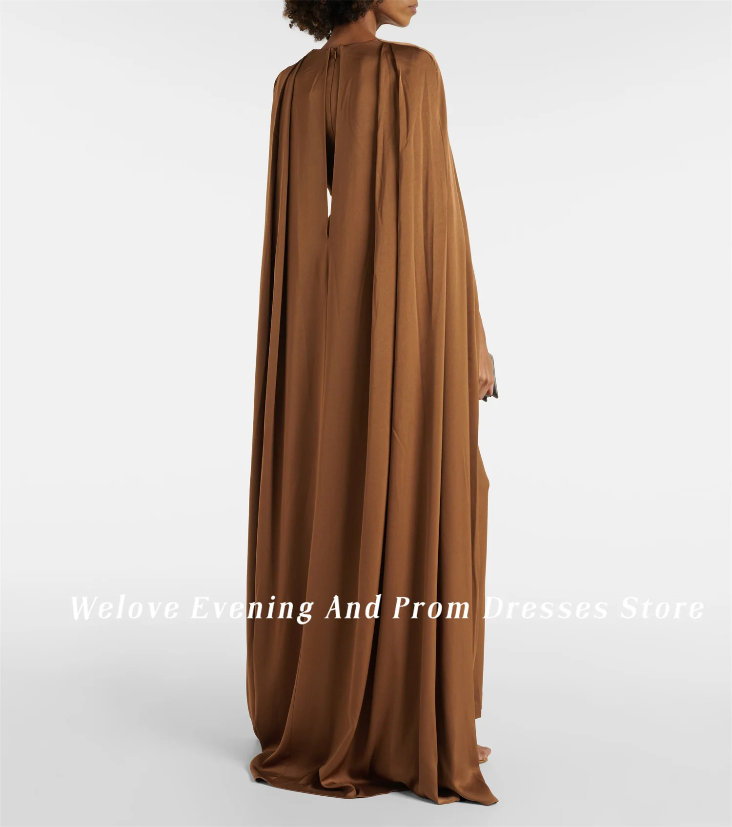 Welove Brown O Neck Evening Dresses with Pleated Cape Shawl Mermaid Formal Occasions Dress Couture New 2024