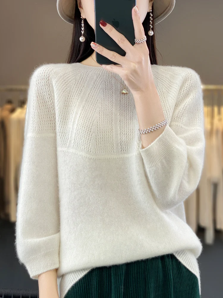 

23 Spring and Autumn New Woolen Sweater Women's Round Neck Half Sleeve Solid Color One-line Readymade Garment 100% Pure Wool Top