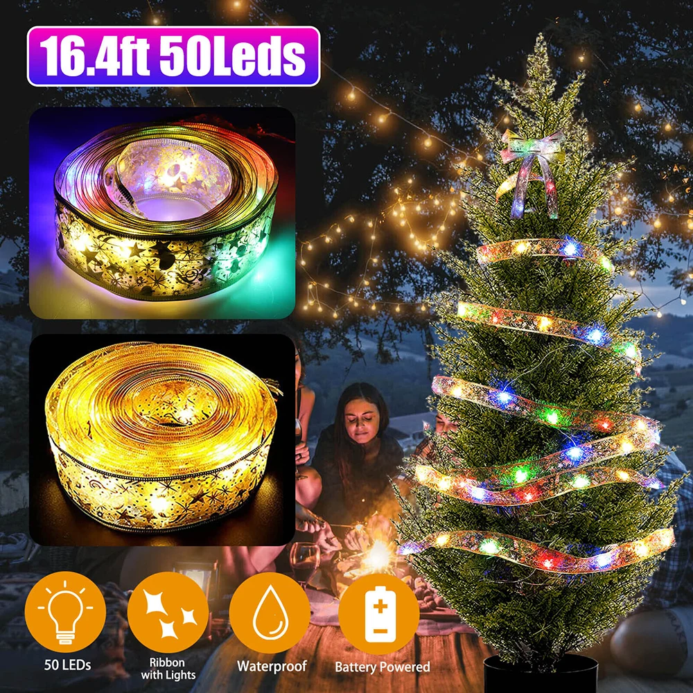 

Christmas Light Crismas Decoration Party DIY Bows Xmas Tree Ornament Navidad Home LED Ribbon Fairy Lights String New Year 2023