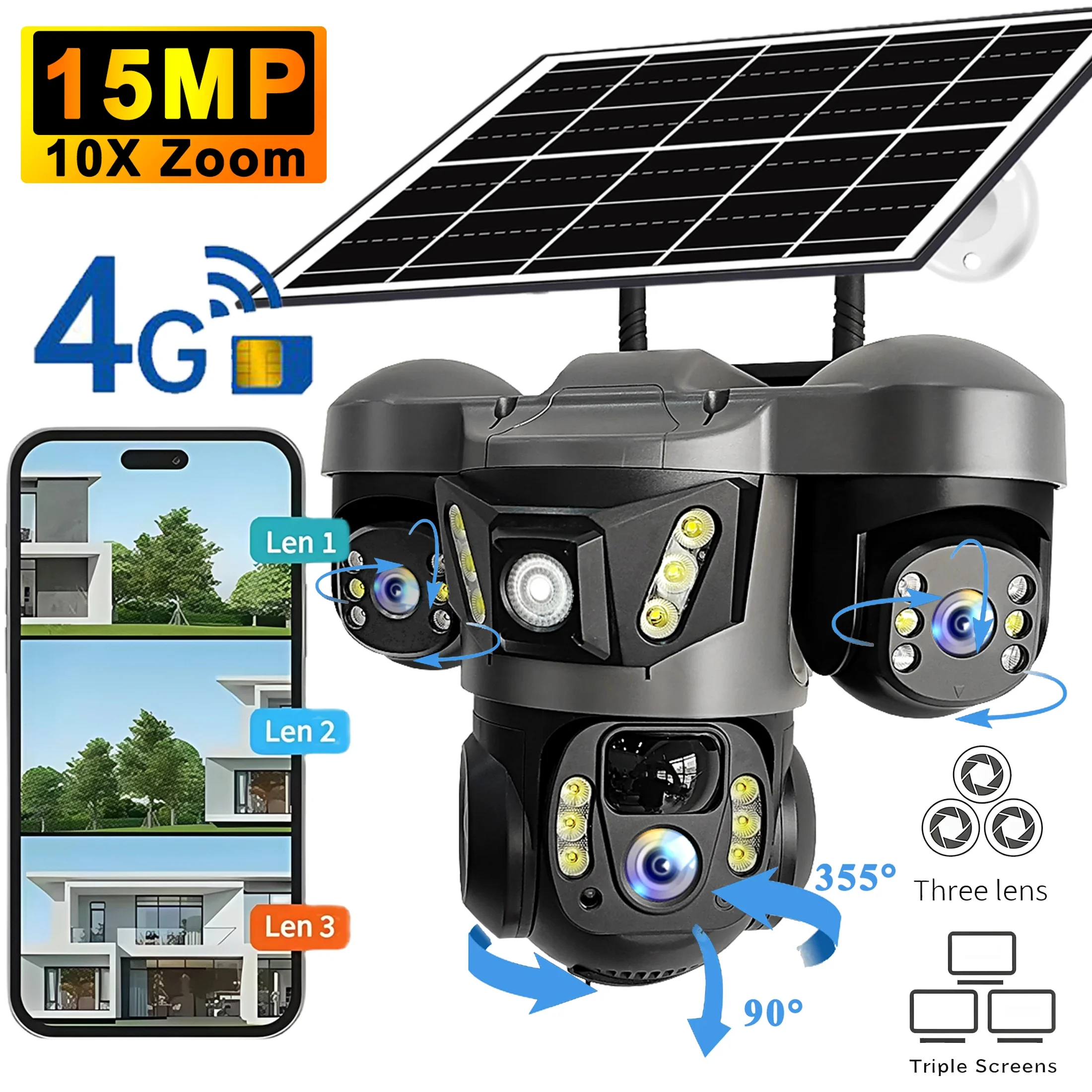 V380 Pro 15MP Solar Camera Three Lens Audio Outdoor IP66 Waterproof Built-in Battery Security CCTV HD 4G SIM Card Network Camera PIR human Detection, Alarm Notification, otion Detection, Email Alert, Video Playback, Remote View, Push Notification