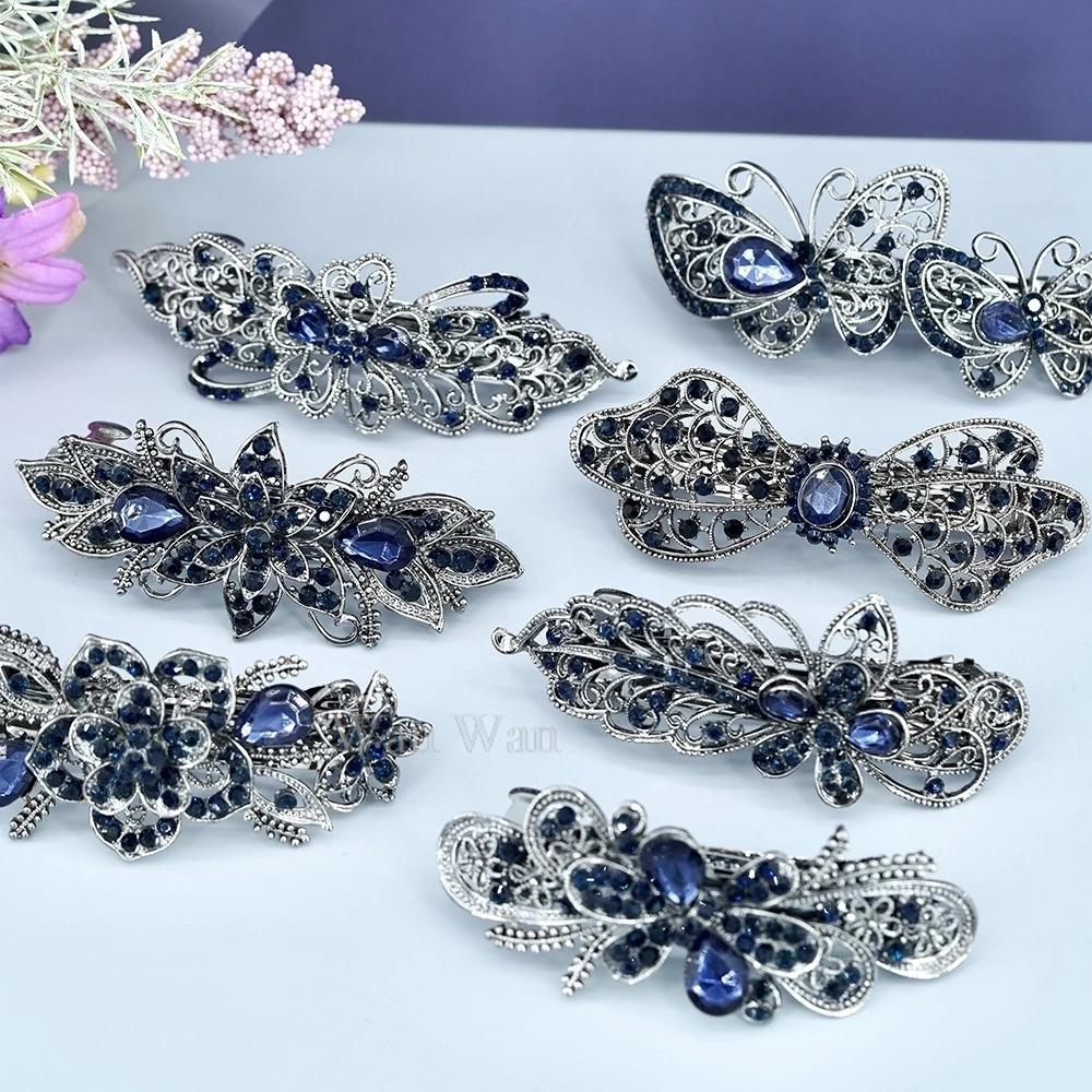 Royal Blue Spring Hair Clip Women\'s Rhinestone Hairpin Black Flower Hair Accessories Retro Style Ponytail Hair Barrette Y0517