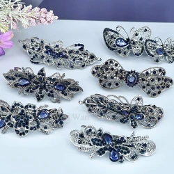 Royal Blue Spring Hair Clip Women's Rhinestone Hairpin Black Flower Hair Accessories Retro Style Ponytail Hair Barrette Y0517