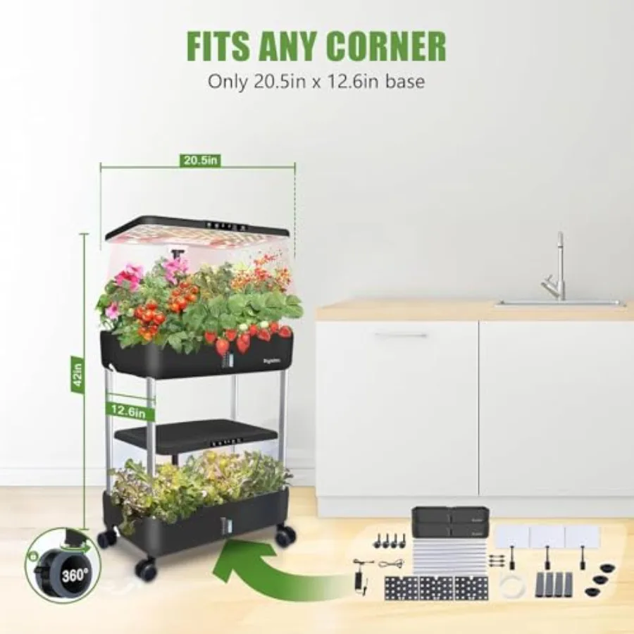 Indoor hydroponic garden system for home use, black ABS plastic, 2-tier design with full-spectrum LED grow light, 10L reservoir