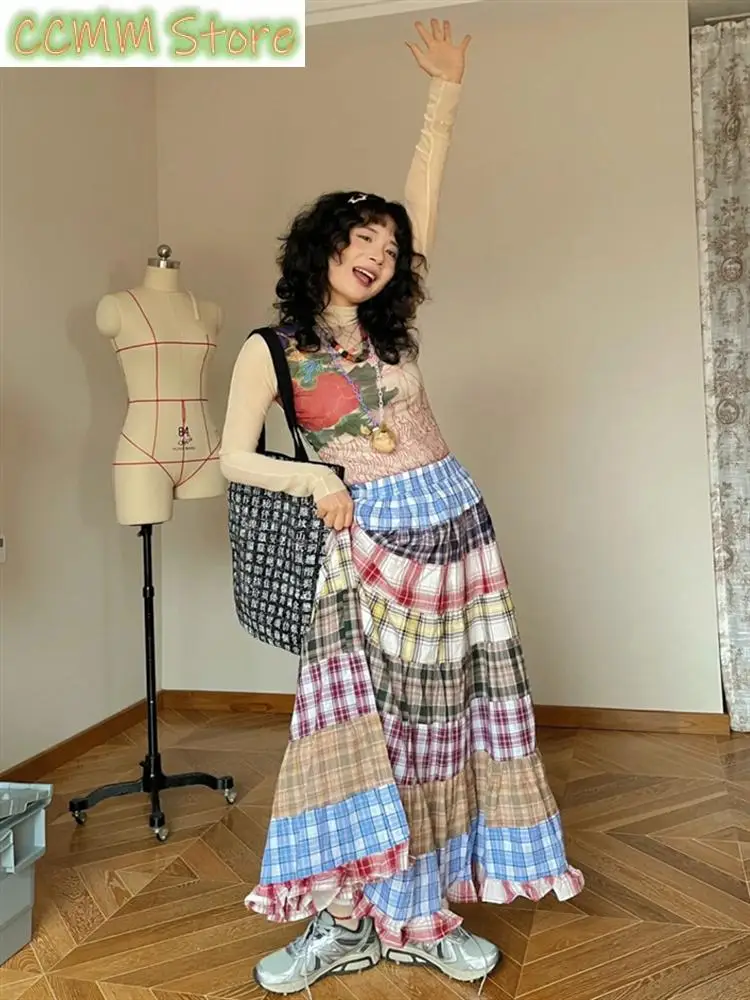 Kobiety Wielokolorowa siatka Łączenie A-line Letnia cienka spódnica Młoda dziewczyna Vintage Kobiece luźne spódnice do kostek z wysoką talią