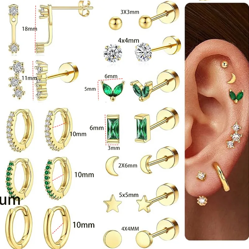Fashion Earrings Set Crystal green Zircon Cartilage Piercing Women Stainless Steel Spiral Tragus Stud Earring Body Jewelry