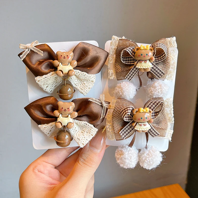 2Pcs/Set New Children Classic Bear Brown Bowknot Ornament Hair Clips Baby Girls Cartoon Barrettes Hairpins Kids Hair Accessories