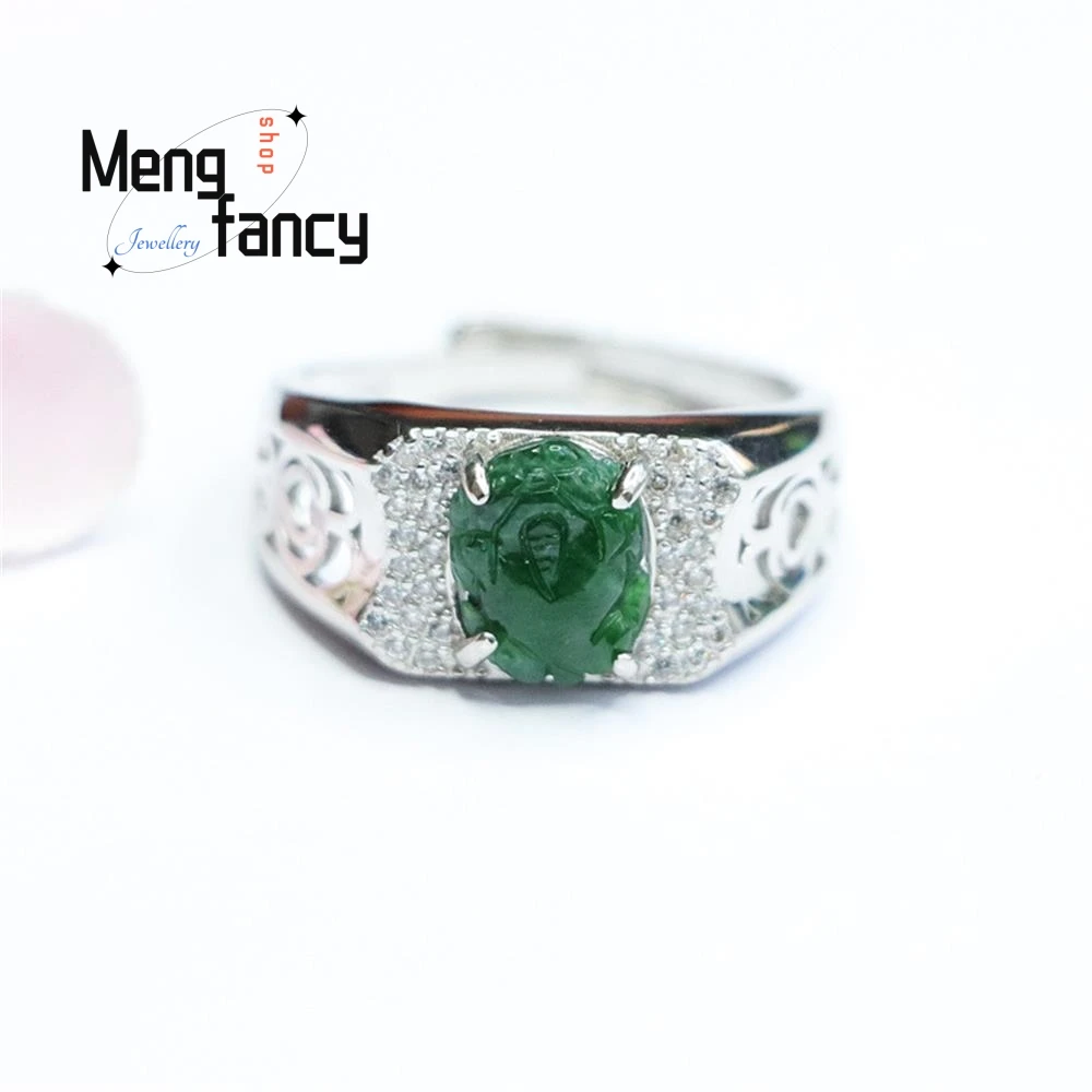 

S925 Silver Lnlaid Ice Jadeite Imperial Green Pixiu Saddle Ring Exquisite Elegant Charm High-grade Couple Luxury Quality Jewelry