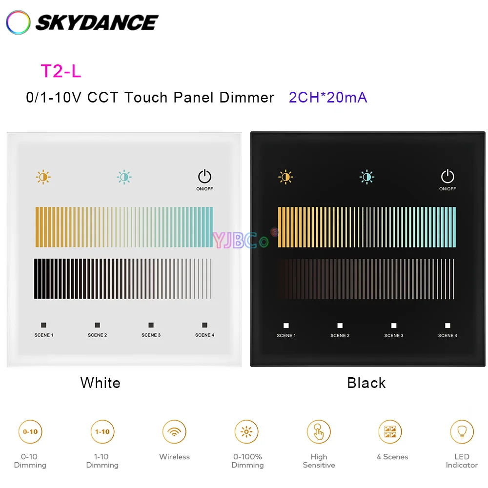 

Skydance 2CH*20mA 0-10V CCT glass Touch Panel switch 1-10V Color Temperature Dimmer remote for Single color/Dual color LED strip