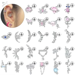 ZS 1PC 18G Stainless Steel Stud Earrings for Women Butterfly Heart Moon Shape Earring Simple Korean Ear Helix Cartilage Piercing