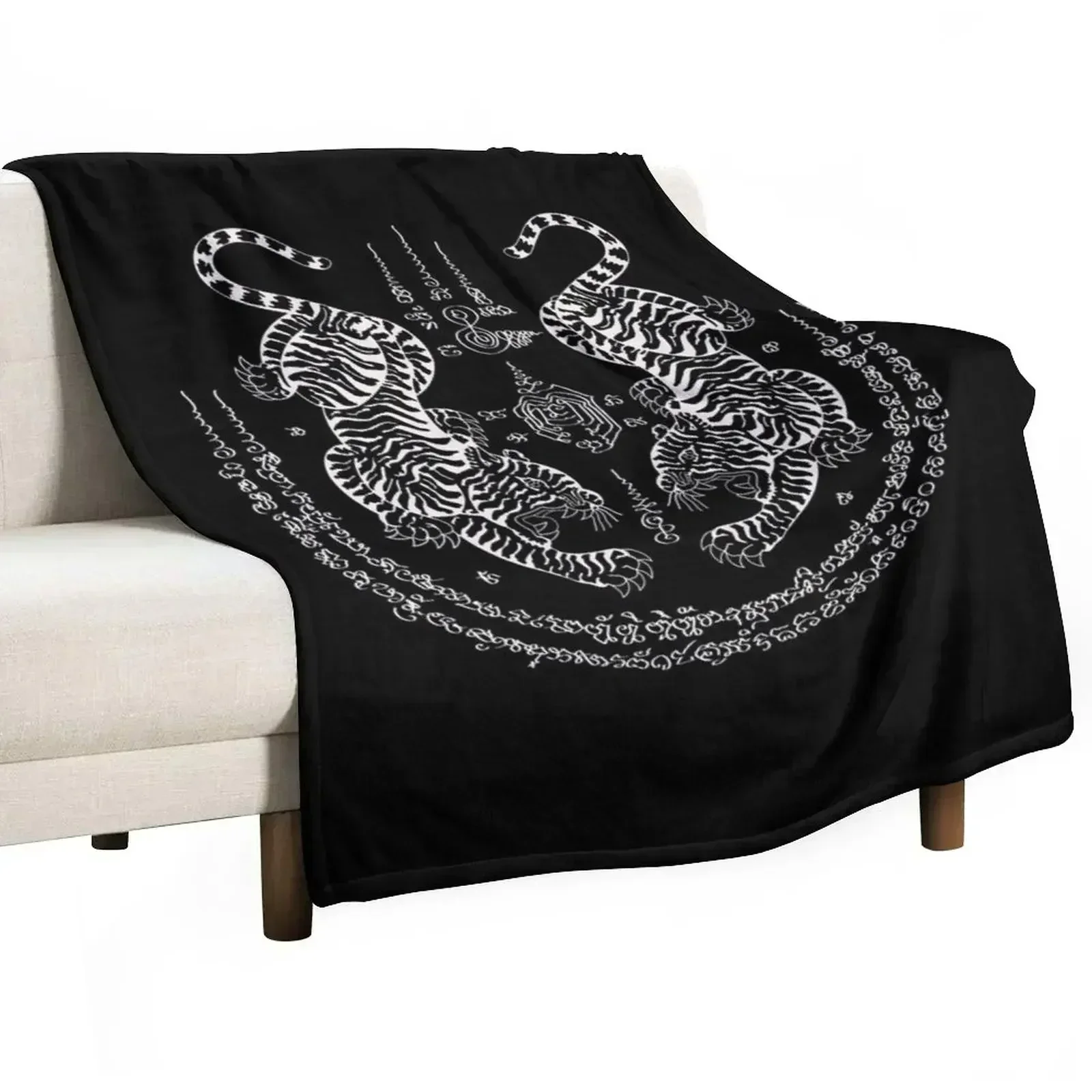 Sak Yant Thai Tattoo Twin Tiger Muay Magical Thailand Igloo White Throw Blanket Custom Cute Blankets